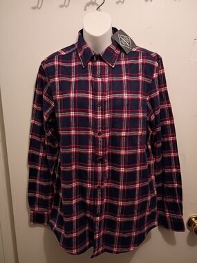 Men's St John's Bay Navy and Red Plaid Button-Down Shirt